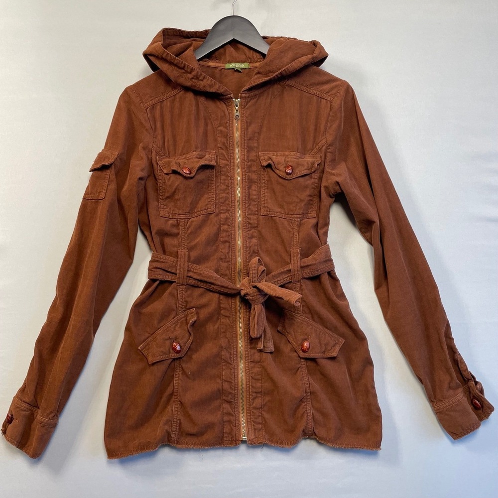Eco-Garnik Corduroy Utility Jacket Rust Brown Hooded Belted Zip Front Size 8‎